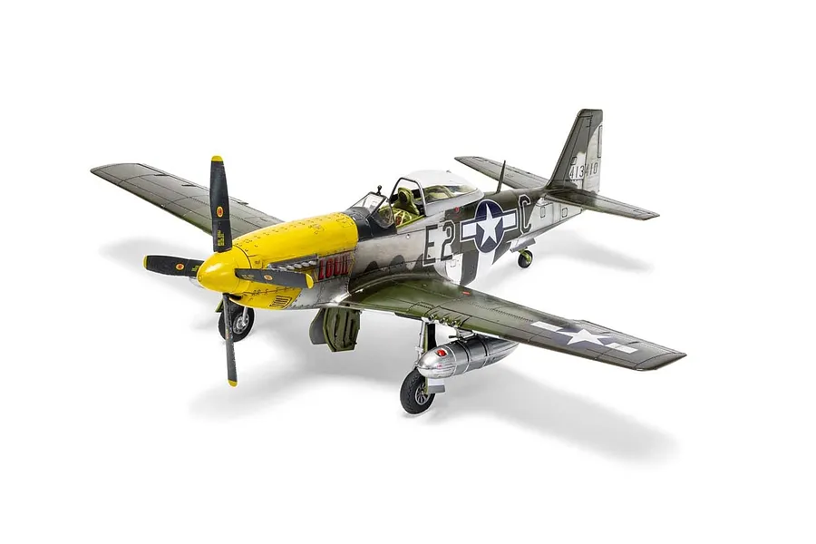 A fully assembled and painted 1/48 scale model of a North American P-51D Mustang fighter plane with a yellow nose and olive drab camouflage.