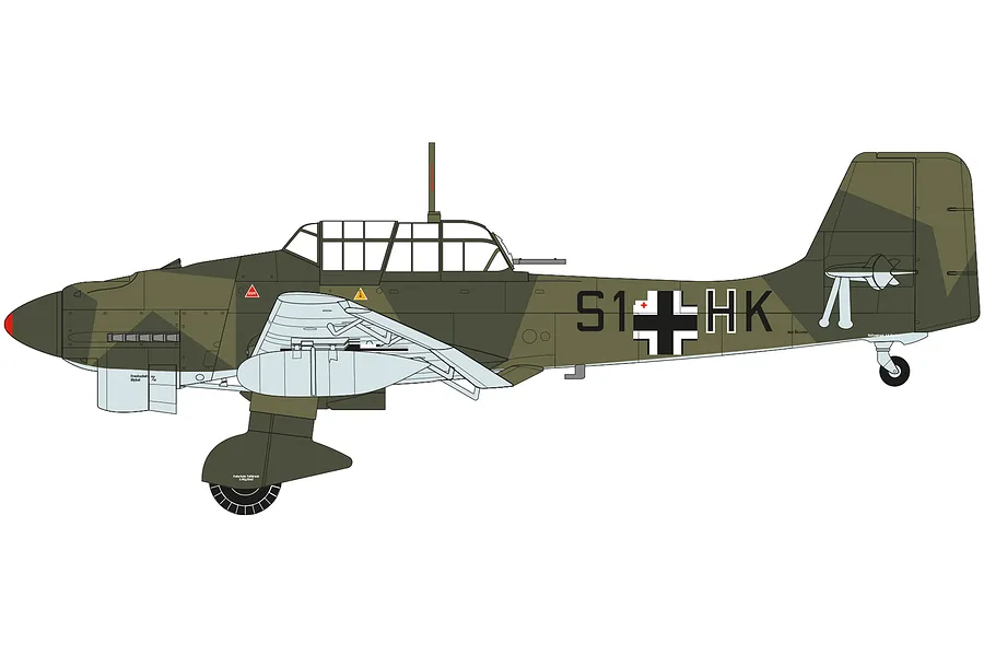 A digital side-profile illustration of a Junkers Ju 87 Stuka dive bomber in camouflage paint with German military markings.