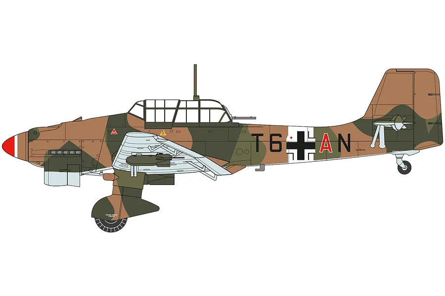 A digital side-profile illustration of a Junkers Ju 87 Stuka dive bomber in camouflage paint with German markings.