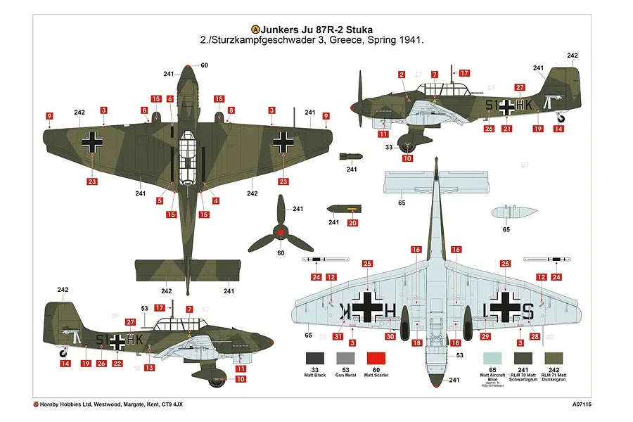 A technical painting and decal guide for an Airfix 1/48 scale Junkers Ju 87R-2 Stuka model kit, showing top, bottom, and side views with numbered parts.