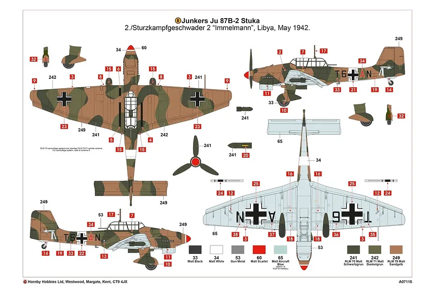 Airfix Junkers Ju 87B-2 Stuka painting and decal guide showing top, bottom, and side views of the aircraft with numbered colour references.