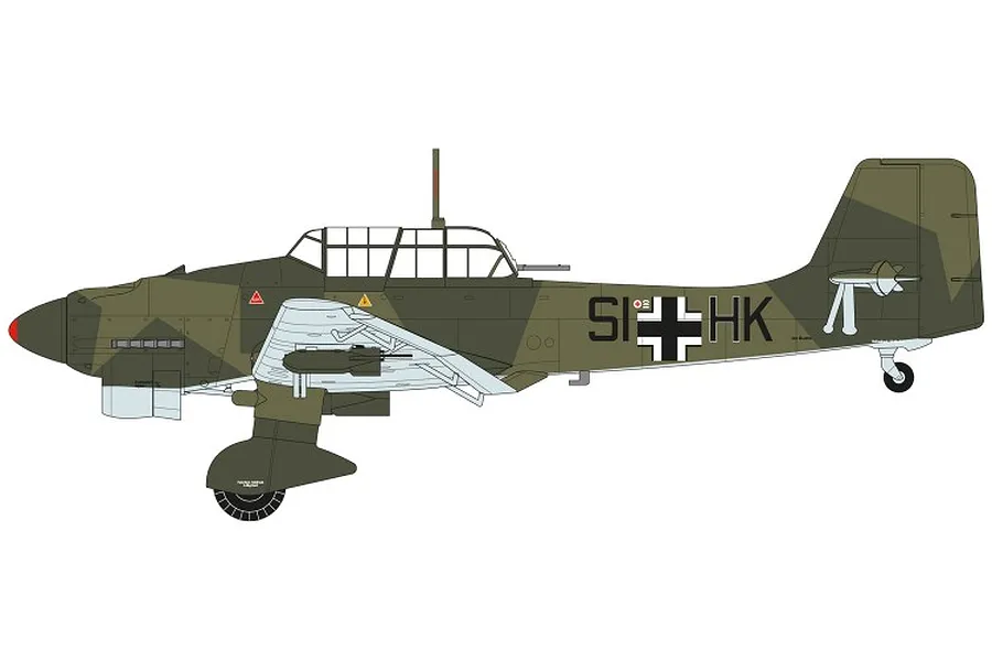 A side-profile digital illustration of a Junkers Ju 87 Stuka dive bomber in camouflage paint with German markings.