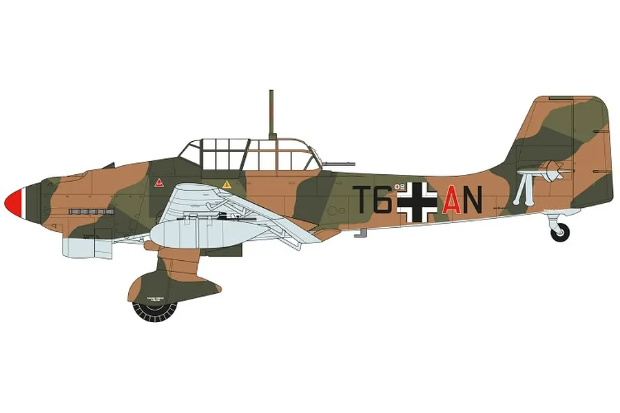 A digital profile illustration of a Junkers Ju 87 Stuka dive bomber in camouflage paint with T6+AN markings.
