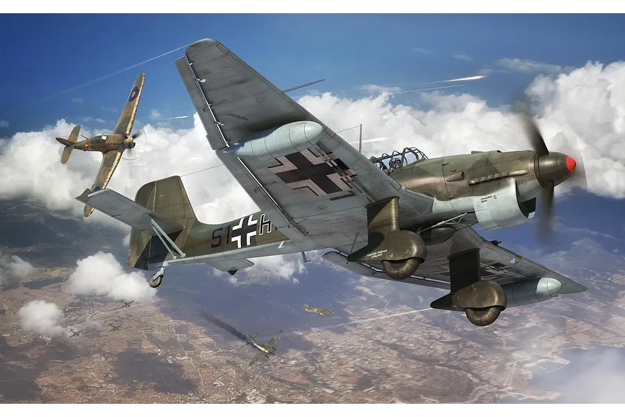 Digital illustration of a German Junkers Ju 87 Stuka dive bomber in flight, being pursued by a British Hawker Hurricane fighter plane over a landscape.