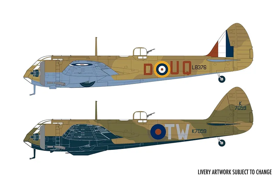 Digital side-profile illustrations of two Bristol Blenheim Mk.1 bomber aircraft in different camouflage schemes.