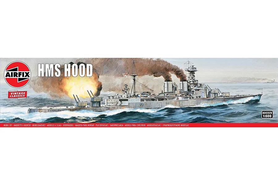 Airfix 1/600 scale HMS Hood model kit box art showing the battleship firing its guns at sea.
