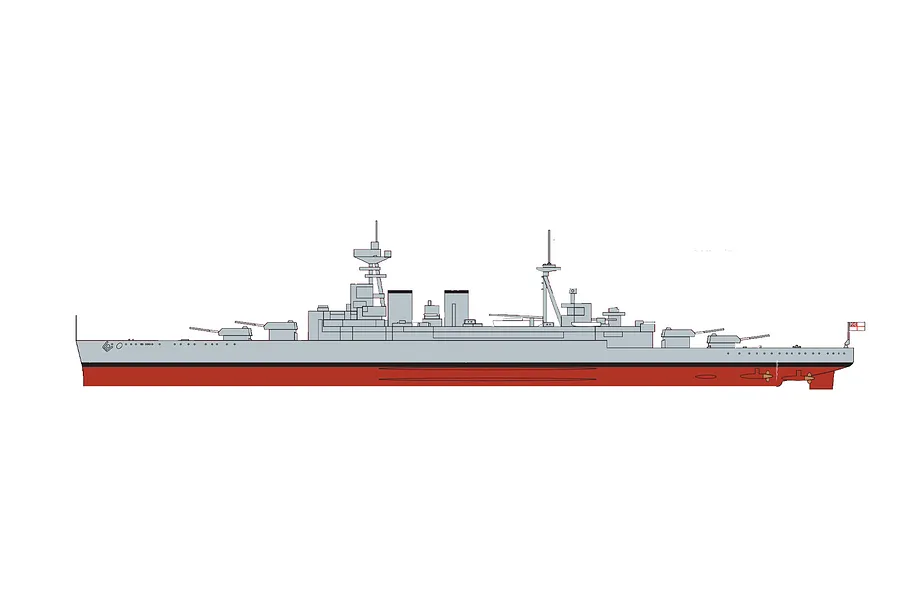 A side-profile digital illustration of the HMS Hood battlecruiser, showing its grey hull, red lower section, and British naval ensign on a white background.