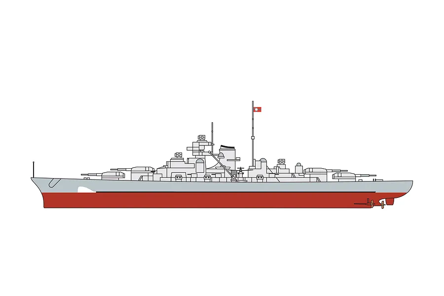A side-profile digital illustration of the German battleship Bismarck, showing its grey hull, red lower hull, and superstructure.