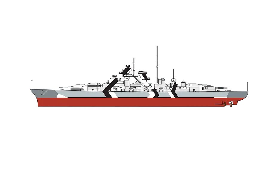 A side-profile digital illustration of the German battleship Bismarck, showing its distinctive camouflage pattern and red hull.
