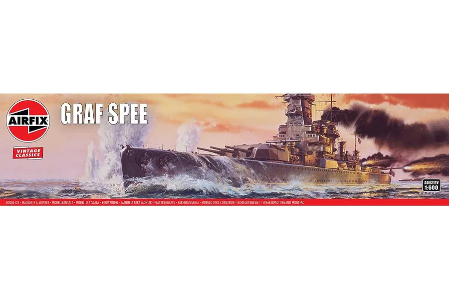 Airfix 1/600 scale Admiral Graf Spee model kit box art showing the battleship at sea.