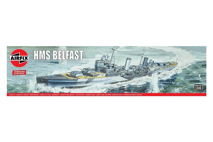 Airfix 1/600 scale HMS Belfast model kit box featuring an illustration of the warship at sea.