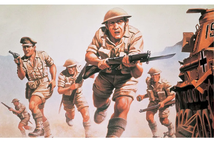 An illustration of British 8th Army soldiers in desert uniforms charging into battle alongside a tank.