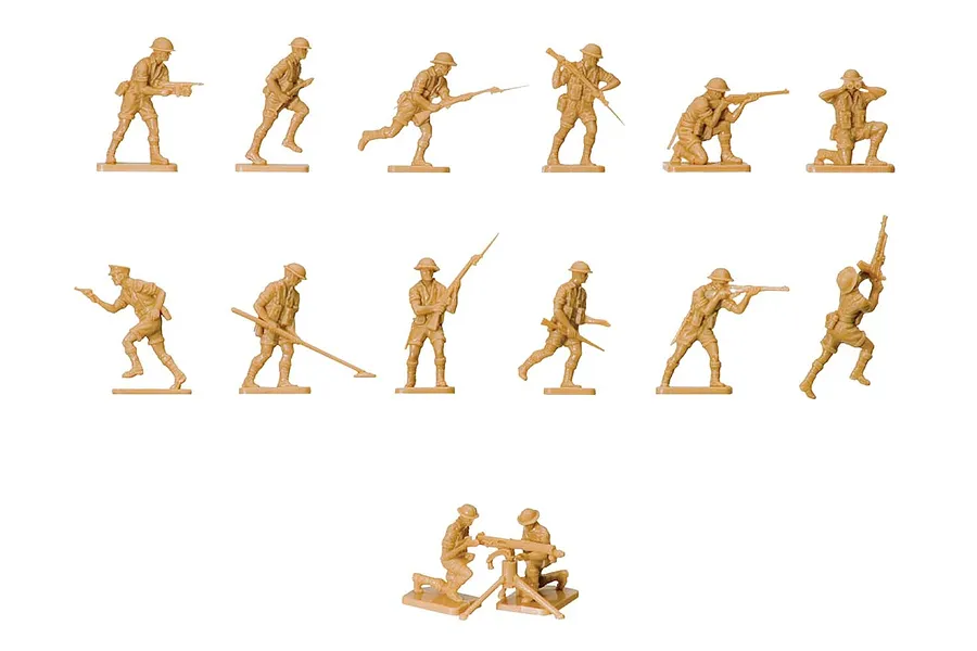A set of unpainted tan plastic 1/76 scale WWII British 8th Army infantry figures in various action poses, including standing, running, and operating a machine gun.