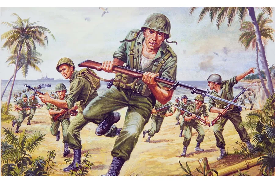 Box art illustration for Airfix 1/76 WWII U.S. Army Marines model kit showing soldiers charging on a tropical beach.