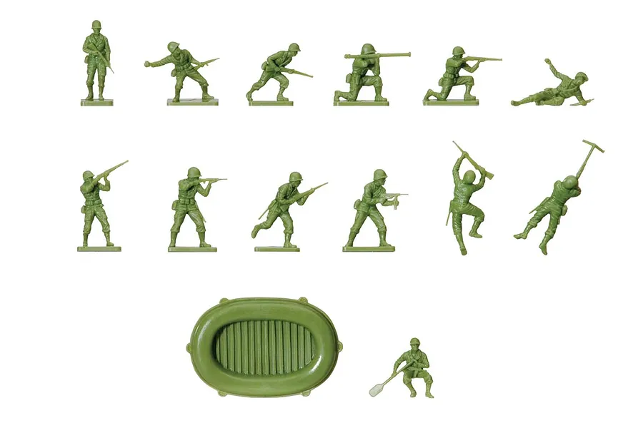 A set of unpainted green plastic 1/76 scale WWII US Army infantry figures and a small inflatable-style raft.
