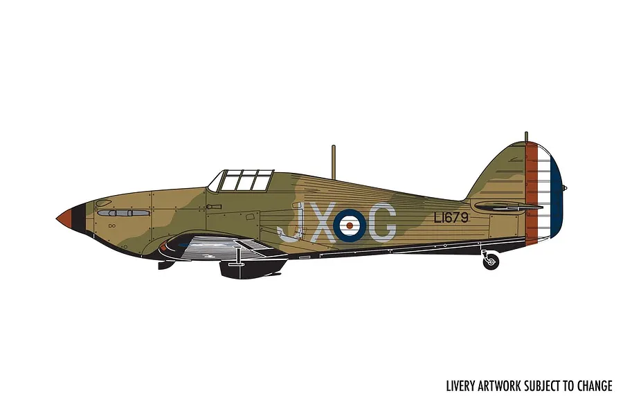 Digital illustration of a Hawker Hurricane Mk.I fighter aircraft in side profile, featuring camouflage livery and RAF markings.