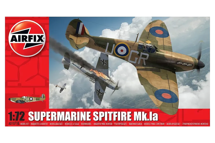 Airfix 1/72 scale Supermarine Spitfire Mk.IA plastic model kit box art showing a Spitfire in aerial combat against a German aircraft.
