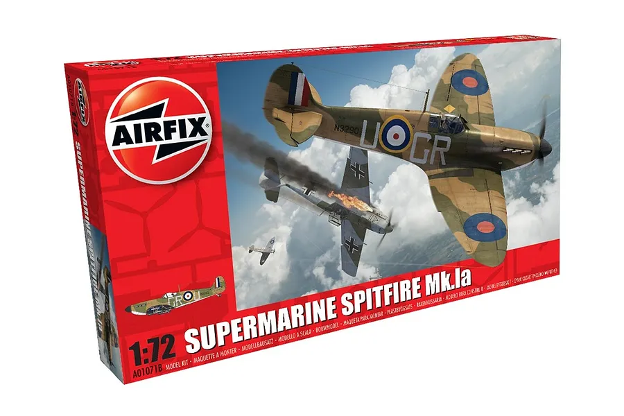 Airfix 1/72 scale Supermarine Spitfire Mk.IA plastic model kit box featuring an illustration of a Spitfire in aerial combat.