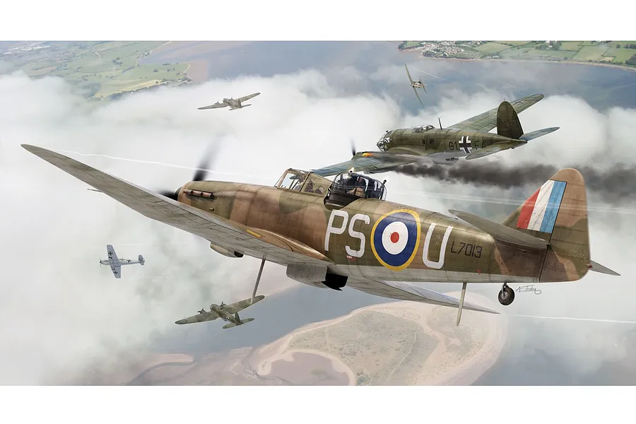 An artistic illustration of a Boulton Paul Defiant fighter aircraft in flight, engaging with German aircraft over a coastal landscape.
