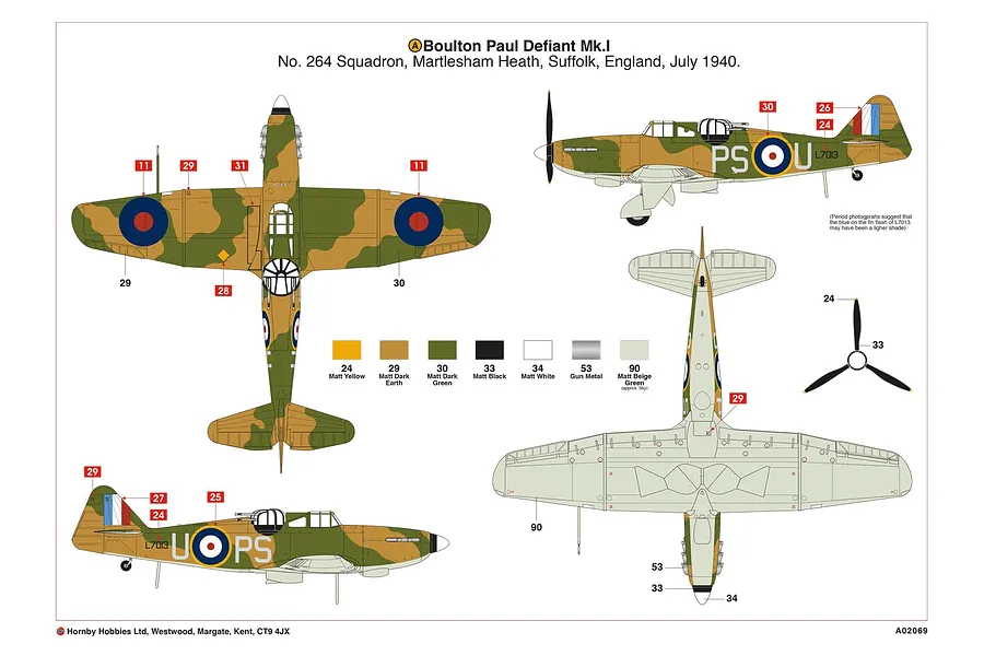 Airfix Boulton Paul Defiant Mk.I painting and decal guide showing top, bottom, and side views of the aircraft with colour callouts.