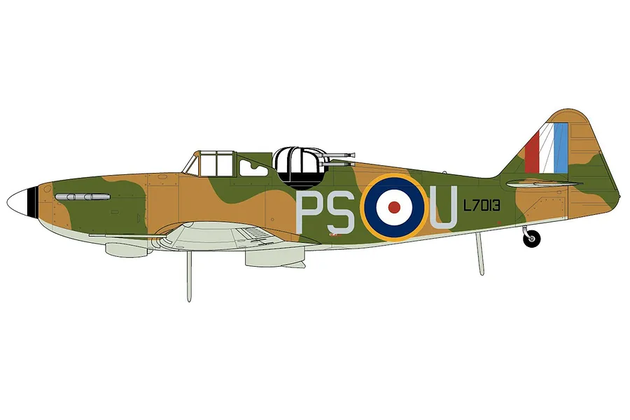 A digital side-profile illustration of a Boulton Paul Defiant fighter aircraft in camouflage livery with RAF markings.
