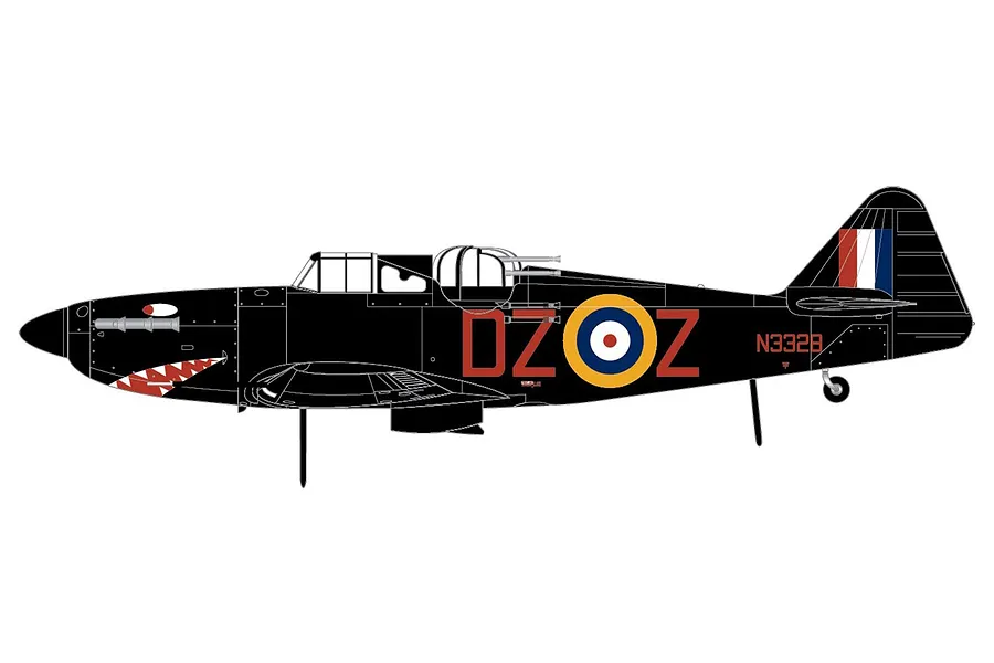 A side-profile digital illustration of a black Boulton Paul Defiant fighter aircraft with shark mouth nose art and RAF markings.