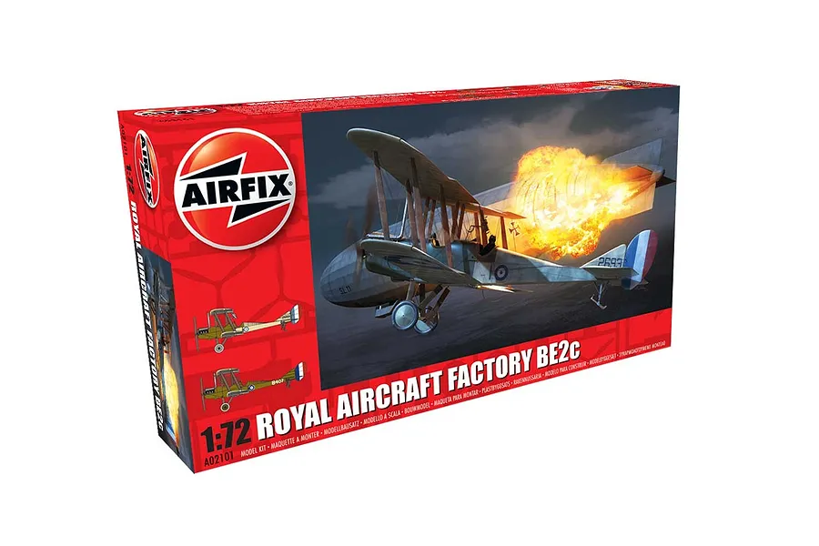 Airfix 1/72 scale Royal Aircraft Factory B.E.2c model kit box showing artwork of the biplane in flight.