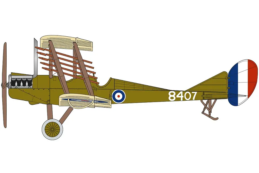 A digital side-profile illustration of a Royal Aircraft Factory B.E.2c biplane in olive green livery with RAF roundels and the number 8407 on the fuselage.