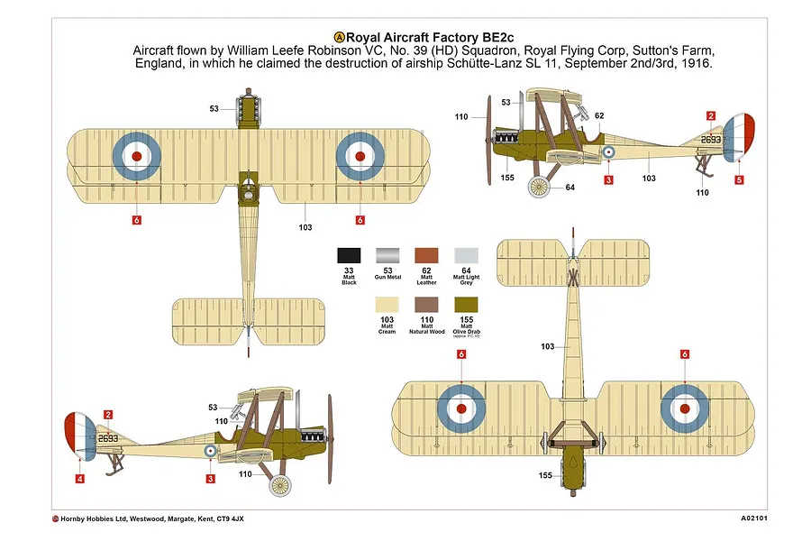 Painting and decal placement guide for an Airfix Royal Aircraft Factory B.E.2c model kit, showing top, bottom, and side views with color callouts.