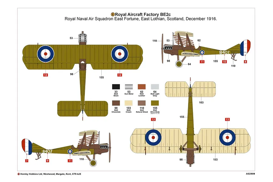 Painting and decal guide for an Airfix Royal Aircraft Factory B.E.2c model kit, showing top, bottom, and side views with color callouts.