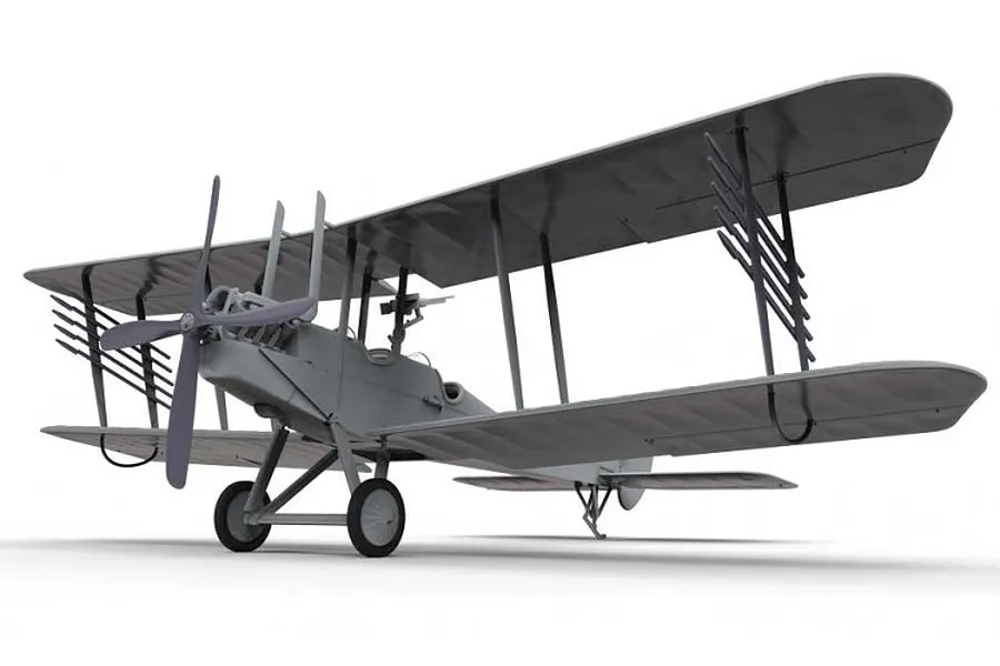A 3D render of a grey, unpainted Royal Aircraft Factory B.E.2c biplane model kit on a white background.