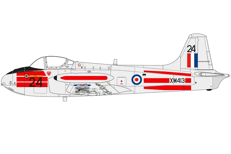 A side-profile technical illustration of a Hunting Percival Jet Provost T.3 trainer aircraft with white, red, and blue markings.