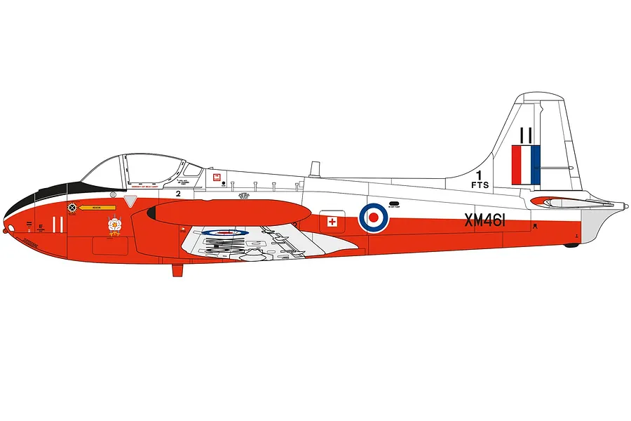 Side profile illustration of a Hunting Percival Jet Provost T.3 trainer aircraft in red and white livery with RAF markings.