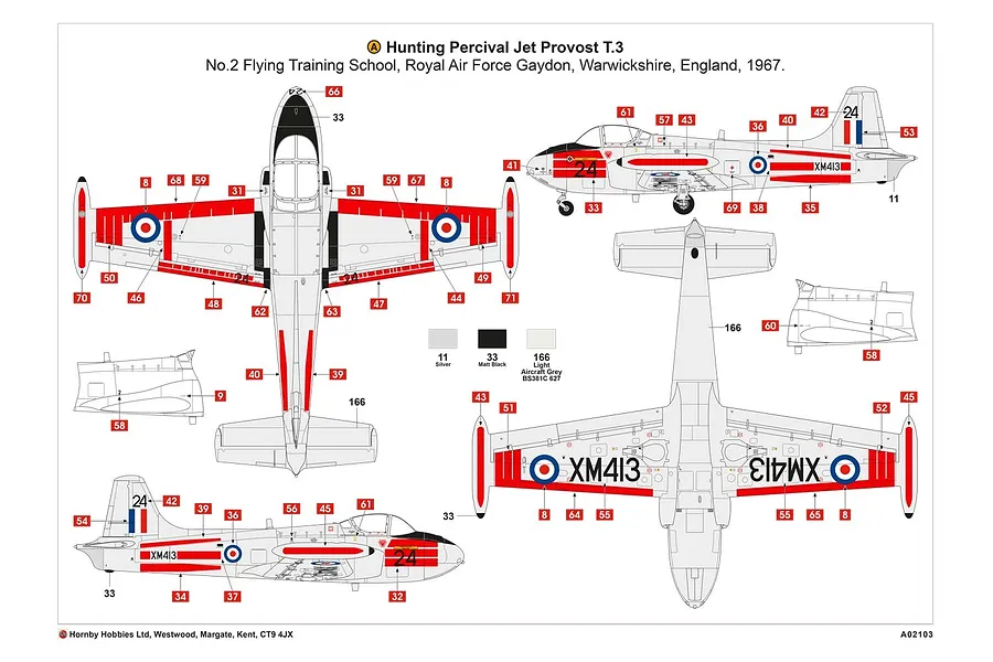 A technical diagram showing the painting and decal placement guide for an Airfix Hunting Percival Jet Provost T.3 model aircraft.