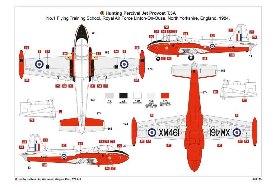 A technical painting and decal placement guide for an Airfix Hunting Percival Jet Provost T.3A model kit, showing top, bottom, and side views.