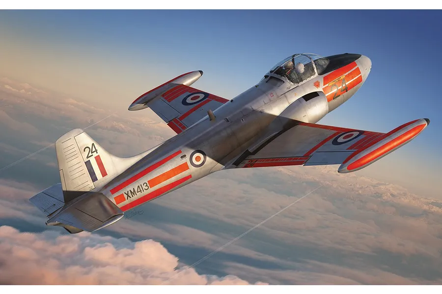 Digital illustration of a silver Hunting Percival Jet Provost T.3 aircraft flying above clouds, featuring orange high-visibility markings and RAF roundels.