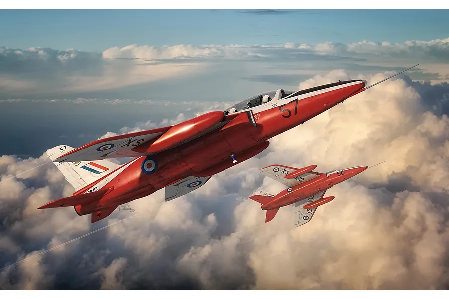 Digital illustration of two red and white Folland Gnat T.1 aircraft flying in formation above a thick layer of clouds.