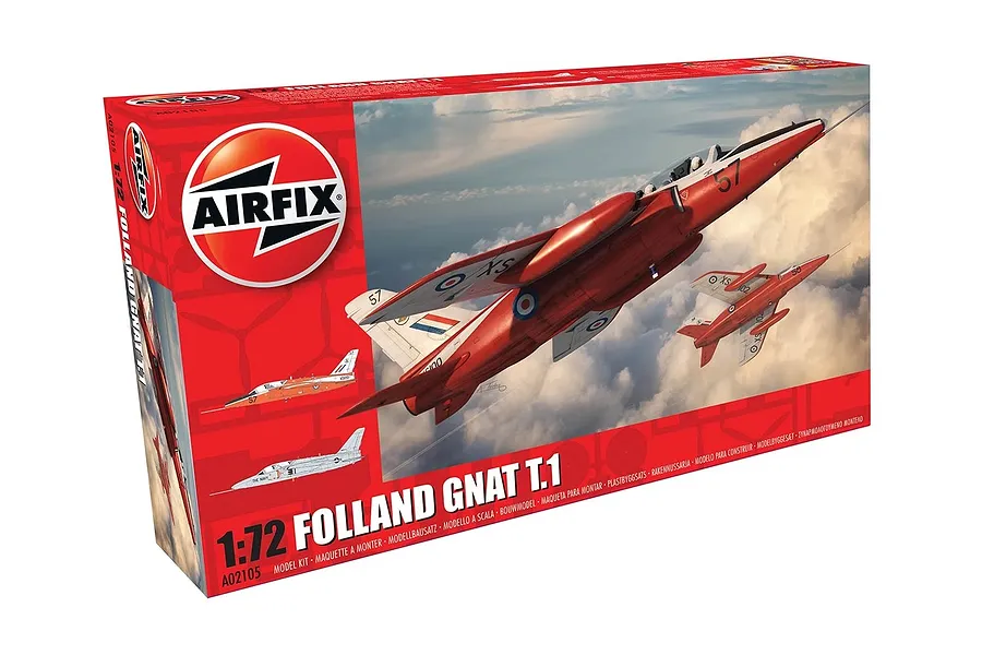 Airfix 1/72 scale Folland Gnat T.1 plastic model kit box featuring artwork of red aircraft in flight against a cloudy sky.