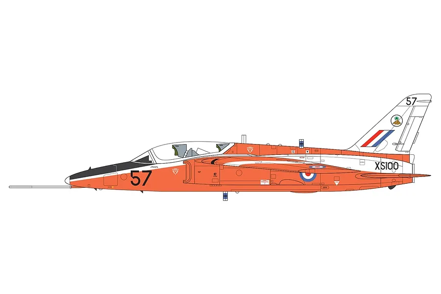 A side-profile digital illustration of a Folland Gnat T.1 jet trainer in bright orange and white livery with the number 57 on the fuselage and tail.