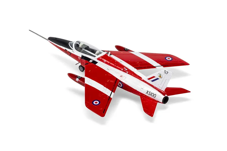 A completed 1/72 scale plastic model of a Folland Gnat T.1 jet trainer painted in red and white Red Arrows livery against a white background.