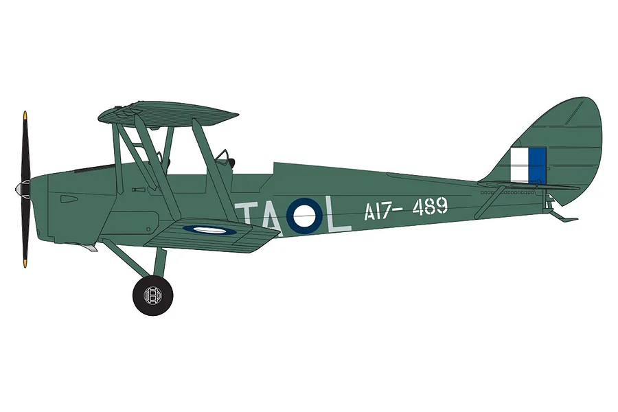 A side-profile digital illustration of a green De Havilland Tiger Moth biplane with RAAF markings, including the code TA-L and serial number A17-489.