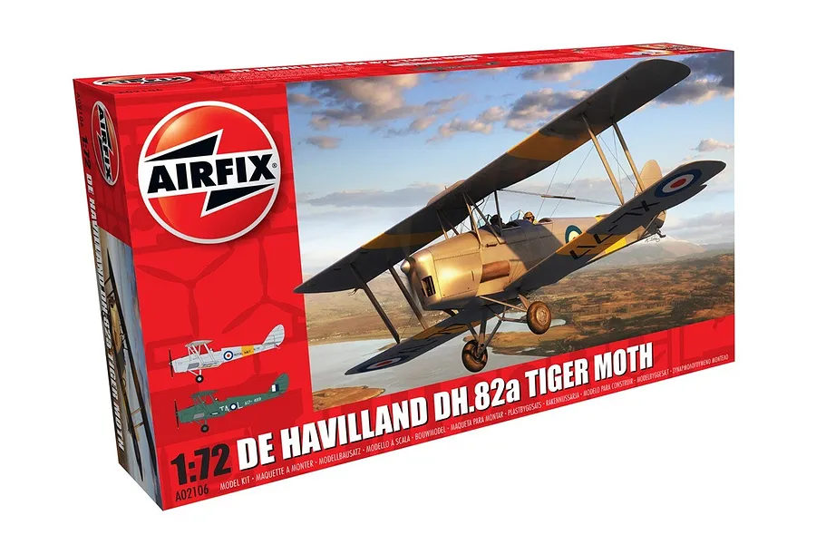 Airfix 1/72 scale De Havilland DH.82a Tiger Moth plastic model kit box showing an illustration of the biplane in flight over a landscape.