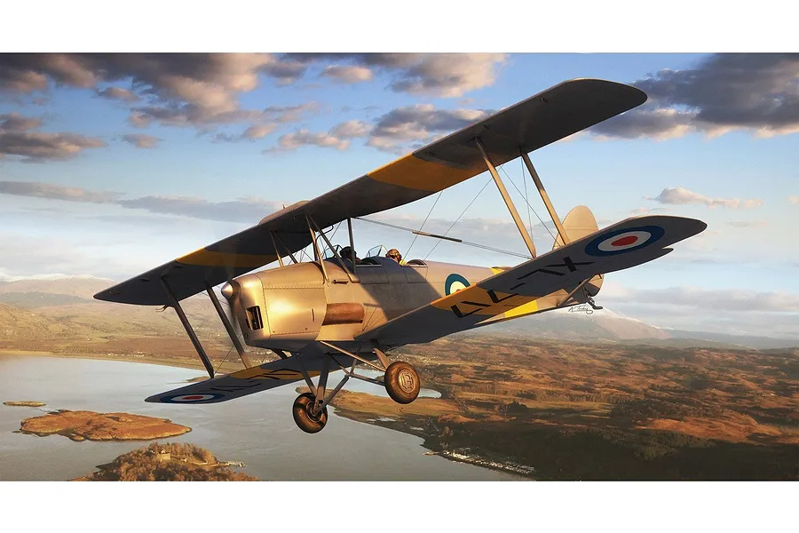 Digital illustration of a De Havilland Tiger Moth biplane flying over a landscape with a river and mountains at sunset.