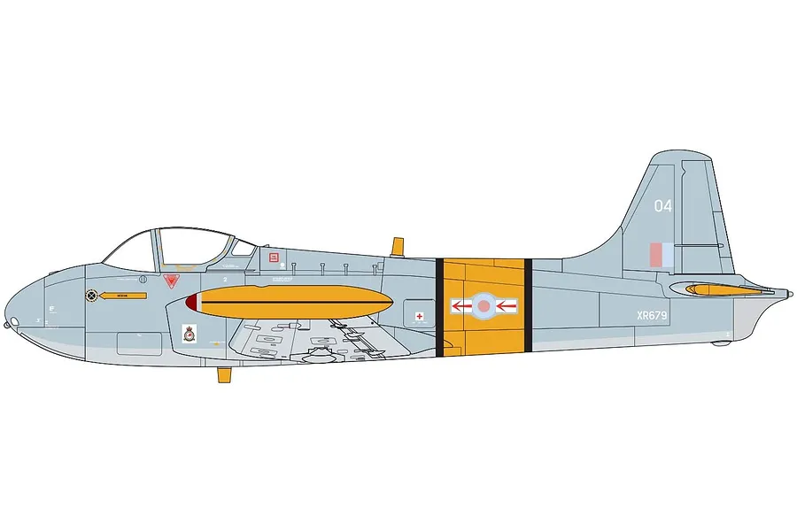 A side-profile digital illustration of a Hunting Percival Jet Provost T.4 trainer aircraft in light grey livery with yellow training bands.