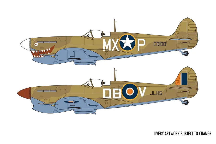 Digital illustration showing two side-profile livery options for a Supermarine Spitfire model kit, featuring different camouflage markings and nose art.