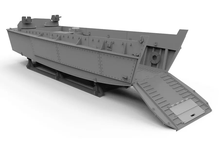 A 1/72 scale plastic model kit of a Higgins LCVP landing craft, shown in unpainted grey plastic on a display stand.