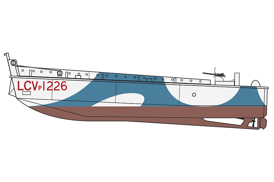 A side-profile digital illustration of a Higgins LCVP landing craft with blue and white camouflage and the text LCVP 1226 on the bow.