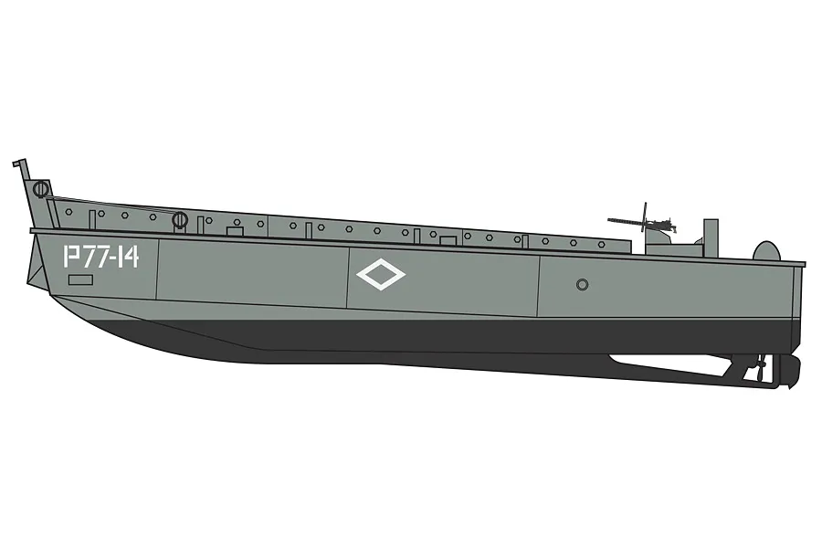 A side-profile digital illustration of a Higgins LCVP landing craft in grey and black, featuring the hull number P77-14.