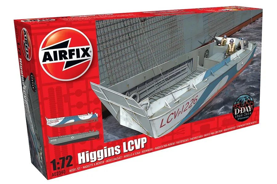 Airfix 1/72 scale Higgins LCVP landing craft plastic model kit box art showing the boat in water.