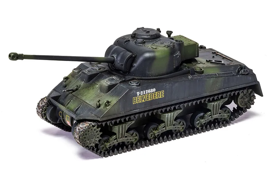A completed 1/72 scale plastic model of a Sherman Firefly tank, painted in camouflage green with the name BELVEDERE and serial number T-212680 on the side.